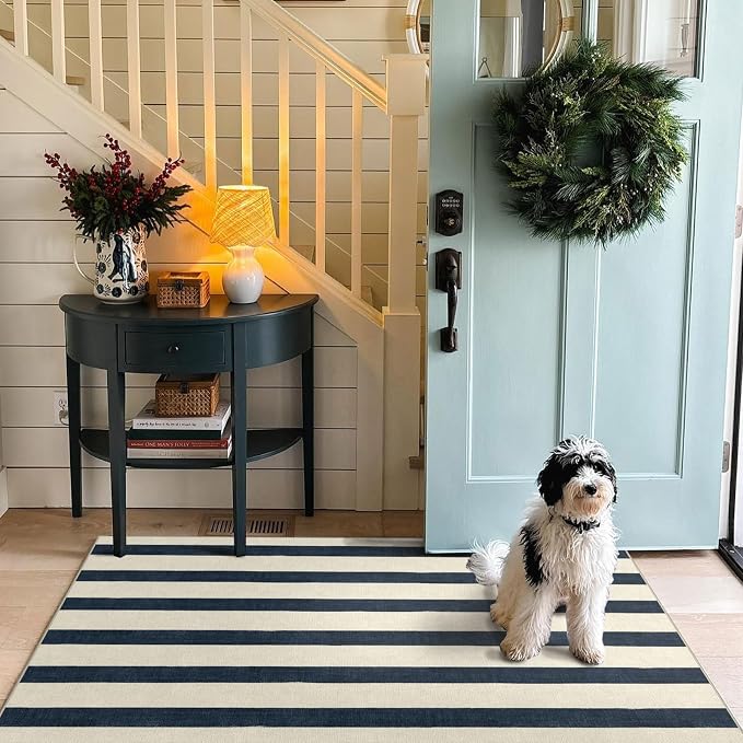 Blue and White Striped Entry Rug - 3x5 Ft Washable Indoor Outdoor Front Door Mat Outside Entrance Front Porch Mat Non-Slip Floor Carpet for Bedroom Entryway Kitchen Office Porch Decor