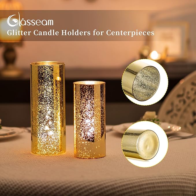 Glasseam Gold Cylinder Vases for Centerpieces: 6 Modern Mercury Hurricane Glass Vase Set for Flowers - Decorative Golden Pillar Candle Holders for Wedding Party Dining Room Table Decor