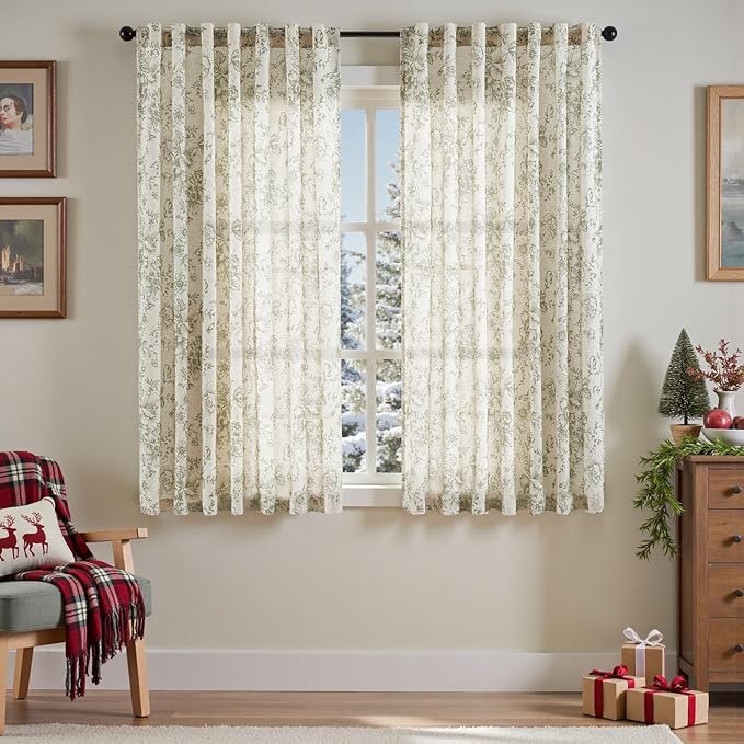 jinachan Linen Blend Floral Curtains for Living Room 63 Inch Length Christmas Sage Green Printed Curtain Rod Pocket Back Tab Farmhouse Peony Flower Patterned Drapes Bedroom Curtains Set 2 Panels