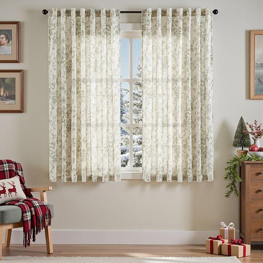 jinachan Linen Blend Floral Curtains for Living Room 63 Inch Length Christmas Sage Green Printed Curtain Rod Pocket Back Tab Farmhouse Peony Flower Patterned Drapes Bedroom Curtains Set 2 Panels