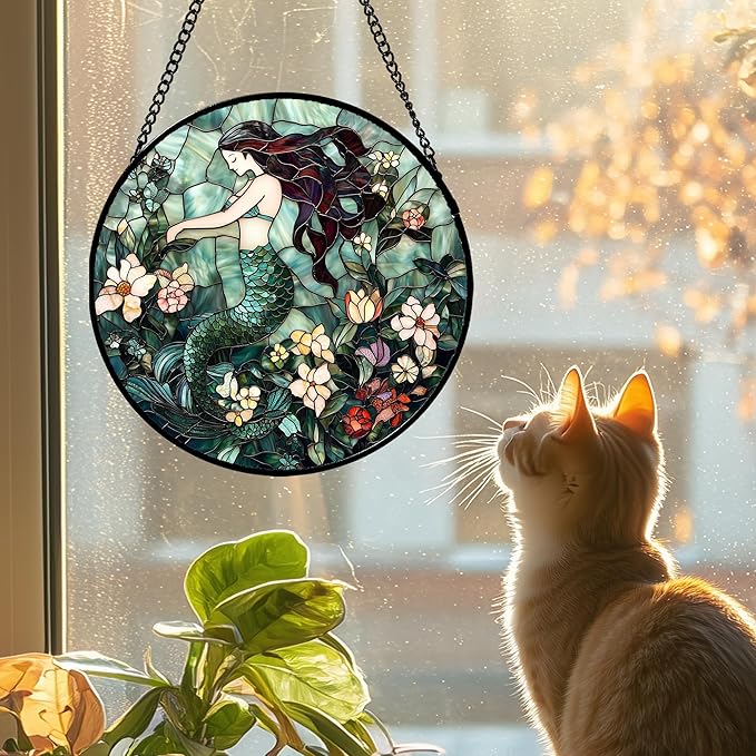 Stained Glass Window Hanging - Teal Sleeping Mermaid Suncatcher for Door Terrace Garden Home Decor, Sea of Flowers Sun Catcher Birthday Gifts for Lovers Women Men Dad Mom Nana 6.3 in