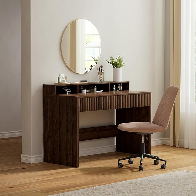 47" Executive Desk with Fluted Drawer, Modern Home Office Desk with Long Monitor Stand and 2 Drawers, Computer Writing Desk for Study Office Vanity, Brown