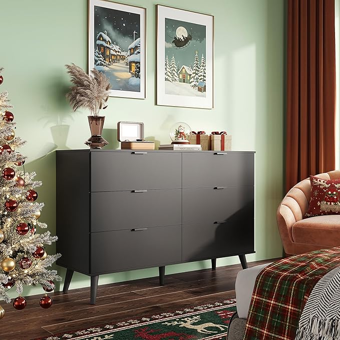 WLIVE Black Dresser for Bedroom, 47.24'' Wide 6 Drawer Wooden Dresser Storage Organizer with Sturdy Metal Handle, TV Stand for 55 inch TV, Chest of Drawers for Living Room, Hallway, Closet