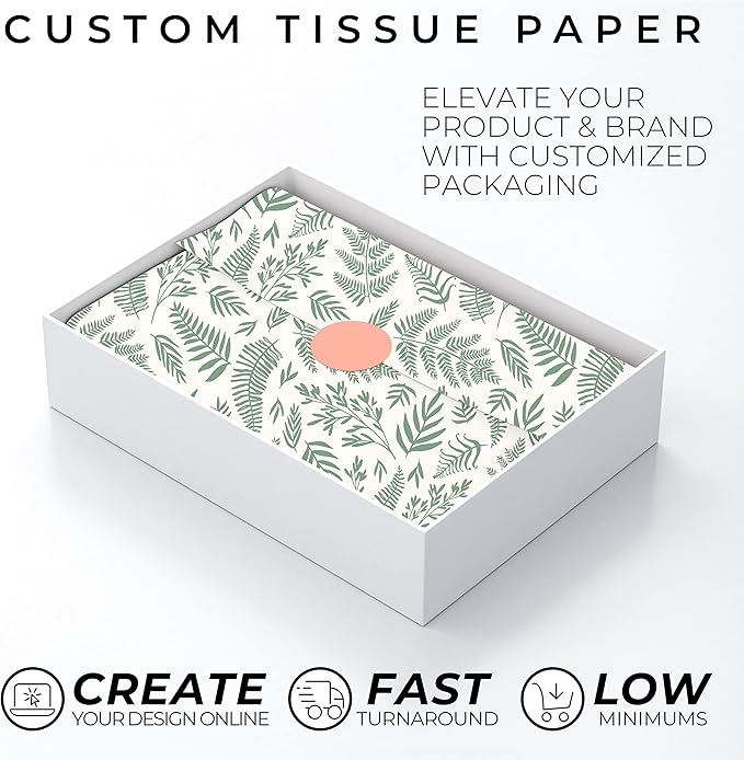 COACO Personalized Tissue Paper, Your Custom Design, Logo, or Text, Great for Holiday or Special Occasion, Small Business Packaging or Gift Wrapping, Gift Bags, 30, 50, or 100 Count, White (20"x18")