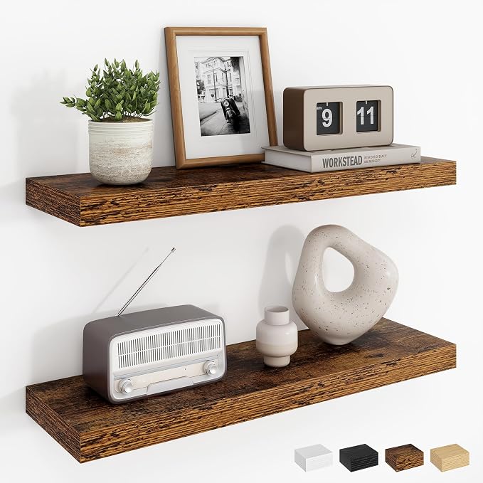Dreamland 24Inch Floating Shelves for Wall, Rustic Wooden Floating Shelves for Bathroom|Bedroom|Kitchen, 2 Pack Deep Wall Mounted Book Shelf, Wood Storage Display Shelf for Home Decor, Brown
