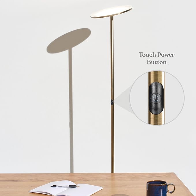 Brightech Sky LED Floor lamp, Torchiere Super Bright Floor Lamp for Living Room Decor & Office - Dimmable, Tall Standing Torch Lamp with Warm Light for Bedroom & Reading - Gold Brass
