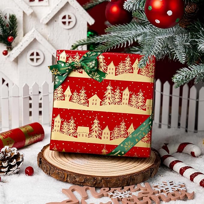 MAYPLUSS Christmas Wrapping Paper Roll, 17 Inch X 16.5 Feet Gift Wrapping Paper Featuring Gold Christmas Tree House Reversible Snowflake, Thick Wrap Paper for Holiday Party New Year Kids