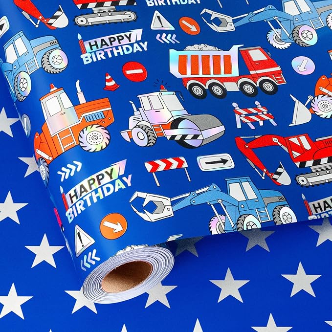Homeral Blue Construction Truck Birthday Wrapping Paper Roll for Kids, Digger Tractor Truck with Laser Shine & Stars Reversible Gift Wrap for Boys Birthday, Baby Shower - Mini Roll - 17 Inch x 33 Feet