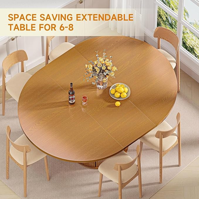 DHH 47"-63" Extendable Round Dining Table for 4–8 with Storage, Mid Century Modern Farmhouse Wood Oval Dinner Table with Pedestal Base for Kitchen, Living Room (Yellow Walnut)