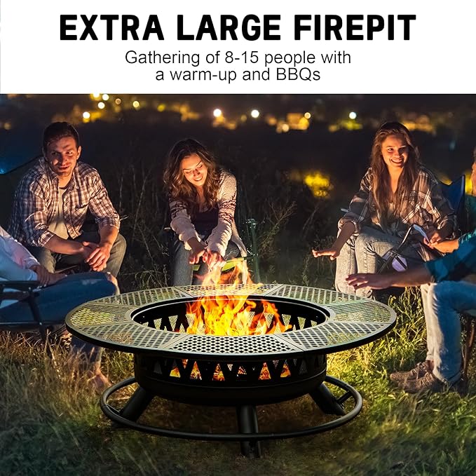 47 Inch Fire Pit with 2 Grills, Outdoor Extra Large Firepits for Outside, Wood Burning Fireplace for Camping,Picnic,Bonfire, 3-in-1 Round Metal Table with Lid for Backyard,Patio,Party