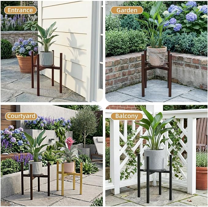 Adjustable Metal Plant Stand Indoor, Fits 8-14 Inch Pots, Mid Century Modern Planter Holder,2 Heights, Heavy Duty 160 lb, Indoor Outdoor Corner Floor Pot Stand, Coffee with Round Plate