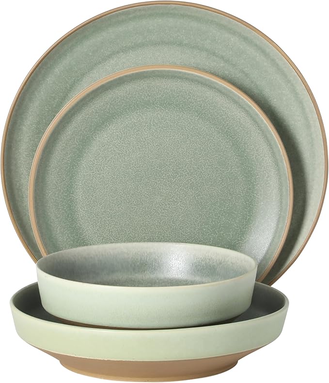 Gibson Elite Octavia Place 16 Piece Stoneware Dinnerware Set, Service for 4, Coupe Modern Plates & Bowls, Reactive Glaze Finish, Green, Microwave & Dishwasher Safe