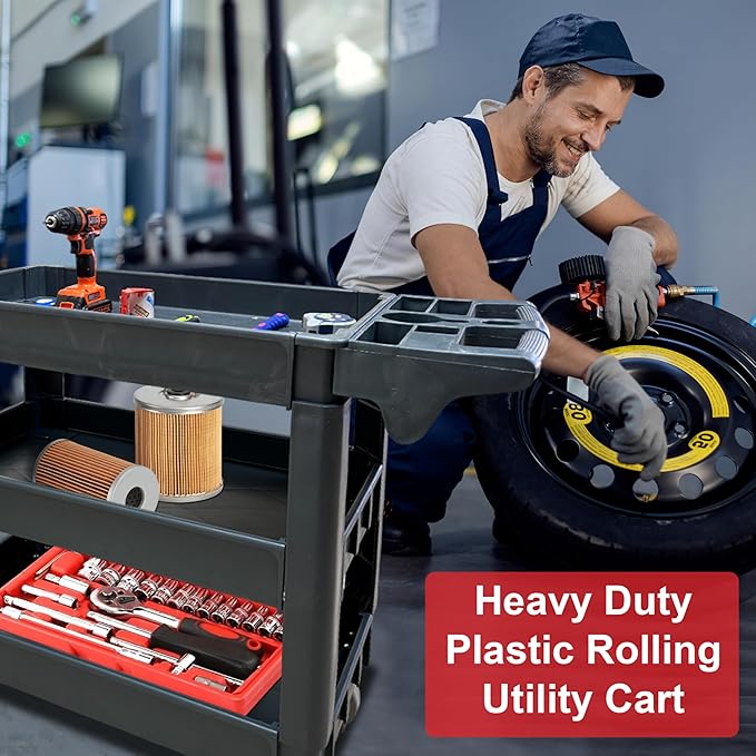 600 lbs Heavy Duty Rolling Utility Service Cart with Wheels, 3-Tier HDPE Deep Shelves, 5" Caster Wheels for Warehouse/Garage/Restaurants/Offices (SC3500)