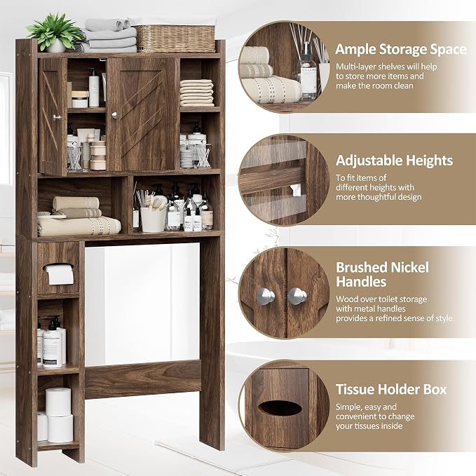 Over the Toilet Storage Cabinet, Freestanding Storage Cabinet Over Toilet, Bathroom Storages Organizer Cabinets with Toilet Paper Holder Stand and Adjustable Shelf, Walnut