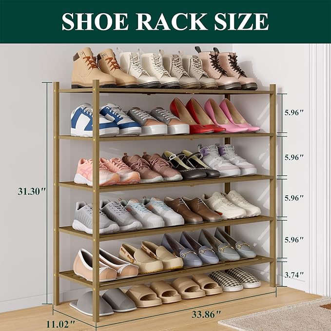 Smiry Long Bamboo Shoe Rack 5-Tier, Stackable Wooden Shoe Organizer for Entryway & Closet, Free Standing Wood Shoe Storage Shelf for Front Door & Small Spaces, Walnut
