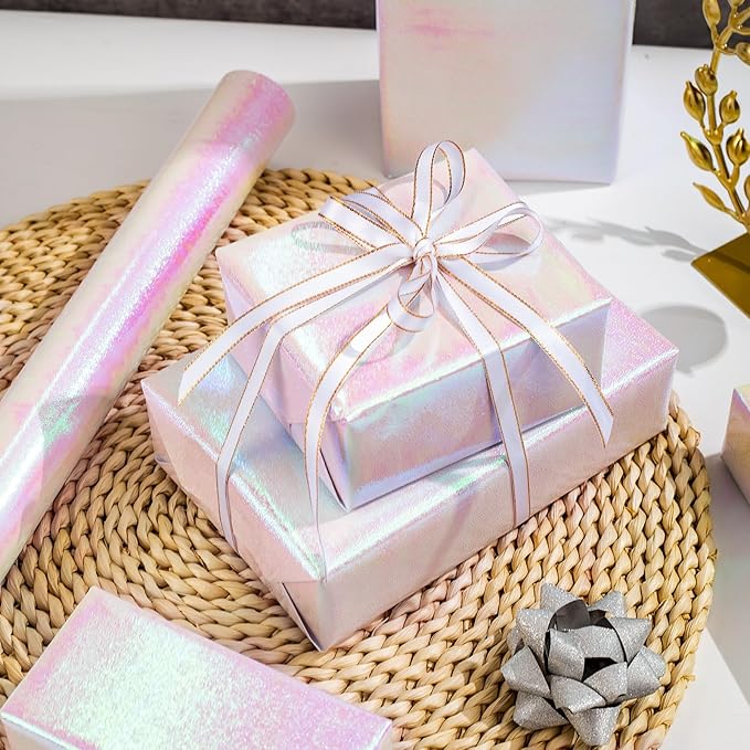 Yarcony Pink Holographic Wrapping Paper - 17Inch X 32.8Feet - Shiny Pink Iridescent Sparkle Wrapping Paper Embossed Gift Wrap Present for Birthday Wedding Bridal Shower Valentine's Day Mother's Day