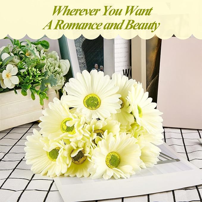 WILLBOND 24 Pieces Artificial Gerbera Daisies Flowers Fake Daisy Faux Boho Daisy Flowers Bouquet 15 in for Boho Birthday Decorations Wedding Home Decor (White)