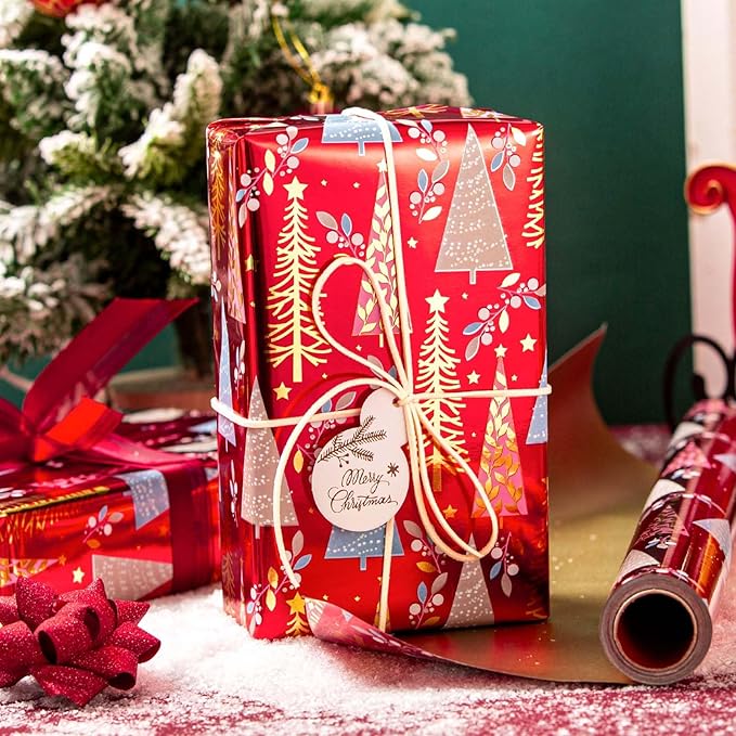 MAYPLUSS Christmas Wrapping Paper Roll - 17IN X 33FT - Christmas Gift Wrapping Paper Featuring Triangle Tree Against Red Reversible Gold for Kids, Holiday, New Year