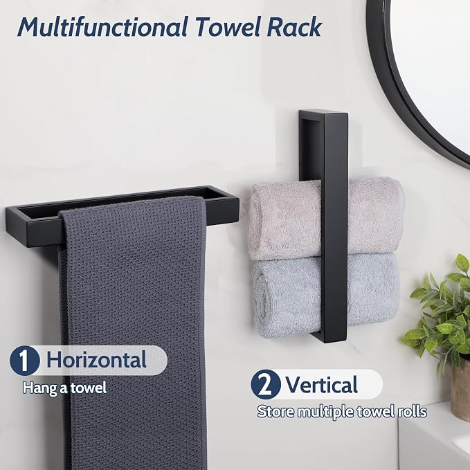Sayayo Matte Black Towel Bar for Bathroom, 10 Inch Hand Towel Holder Wall Mount Square Towel Ring SUS304 Stainless Steel Towel Rack