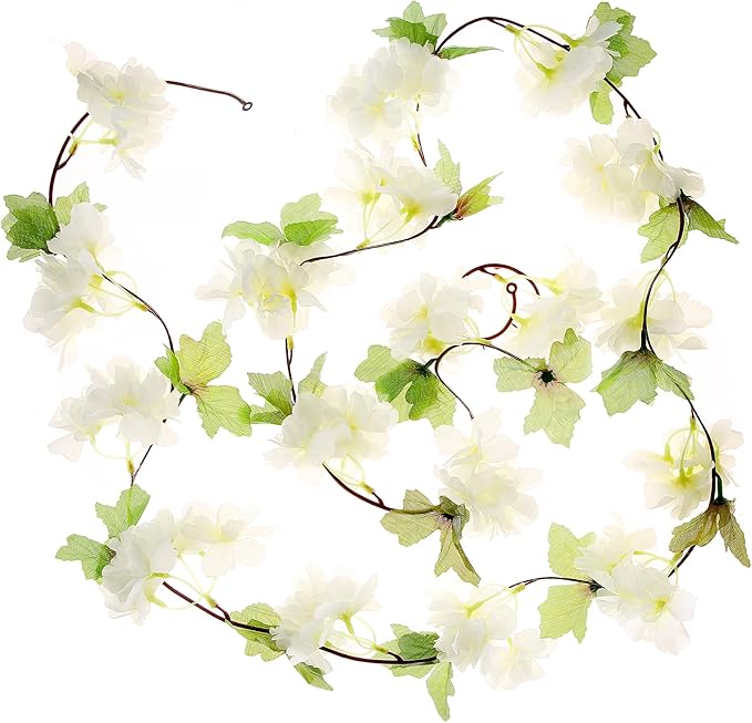 2Pcs Artificial Cherry Blossom Flower Garland Silk Fake Hanging Flower Vines for Home Wedding Decoration 7.2FT, White