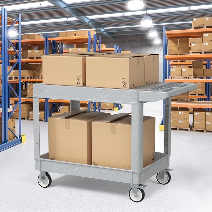 Utility Cart on Wheels, 2 Shelf Heavy Duty Large Flat Top Rolling Cart, 550LBS Capacity Service Cart for Warehouse, Garage, School, Kitchens, Office(Gray, 45.7)