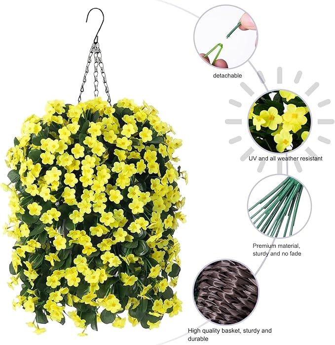 HyeFlora Artificial Fake Hanging Outdoor Flowers Plants Basket, Faux Silk Yellow Daisy Flowers UV Resistant Realistic Hanging Planter Orchid Vines for Outside Porch Patio Home Garden Yard Decoration