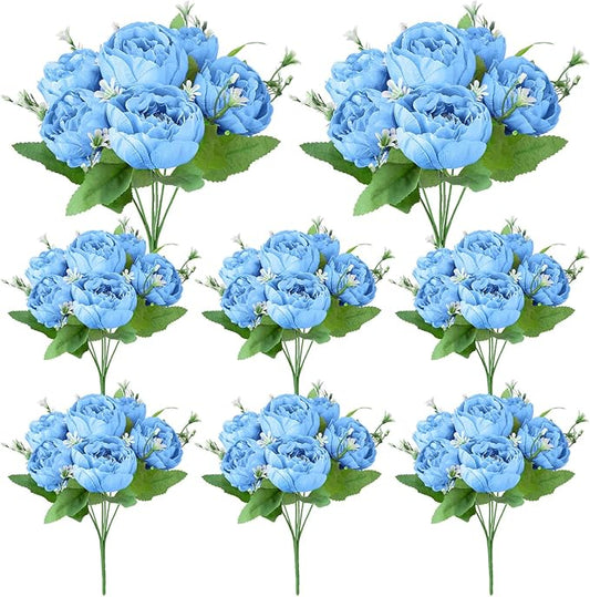 8 Pack Blue Peonies Artificial Flowers, Fake Silk Hydrangea Bouquet for Bridal Wedding Home Table Decor Reusable Dining Opening Ceremony Birthday Arrangement Faux Floral
