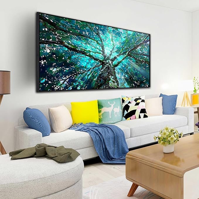 Tree Canvas Wall Art for Office - Green Picture Decor - Black Framed Wall Art Living Room Size 29" x 59"
