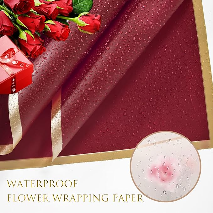 40 Sheets Dark Red Flower Wrapping Paper, Gold Edge Waterproof Floral Wrapping Paper, 22.8x22.8 inch Bouquet Paper Wrap with 2 Rolls Ribbon for Wedding Birthday Gift DIY Crafts Florist Supplies