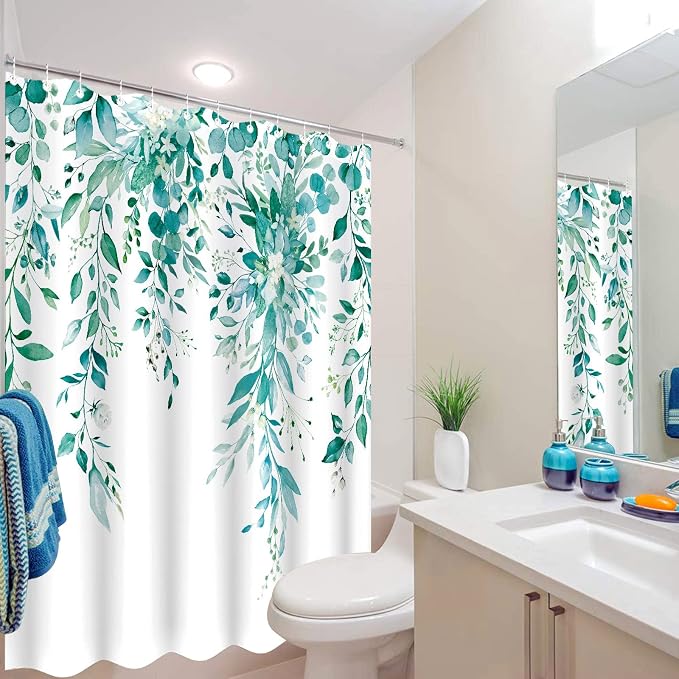 84 Inch Extra Long Teal Eucalyptus Shower Curtain Watercolor Floral Plant Leaf Shower Curtains for Bathroom Botanical Flower Waterproof Fabric Bath Curtain Decor with Hooks (Teal, 72'' x 84'')