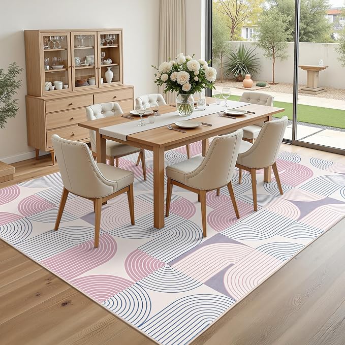Large 8x10 Area Rugs Living Room-Soft Modern Geometric Pink Rug for Bedroom, Washable Non-Slip Indoor Floor Boho Abstract Carpet for Dining Room Nursery Home，Pink/Purple