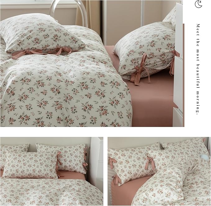 EAVD Pink Flower Duvet Cover Twin Soft 100% Cotton Chic Shabby Pink Floral Cottagecore Bedding Set with 2 Pillowcases Vintage Style Peach Floral Comforter Cover with Zipper Closure