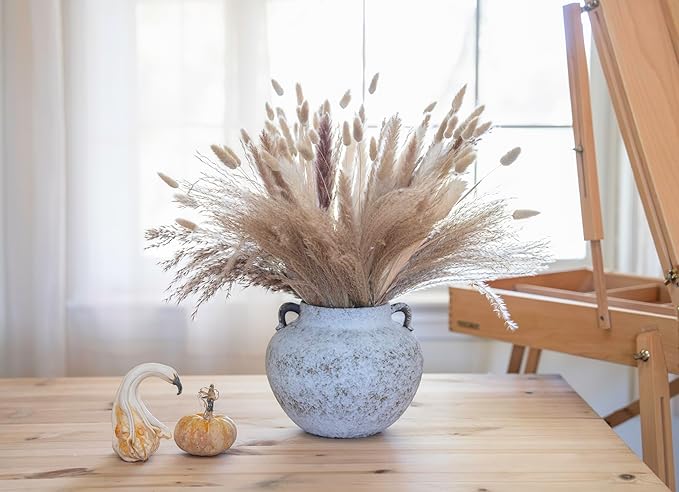 CozyWel Rustic White Two-Ear Ceramic Vase with Hand-Glazed, Textured Pottery Vase with Two Ears for Centerpieces, Kitchen, Living Room, Bedroom Decor Gifts (Rustic White, Short)