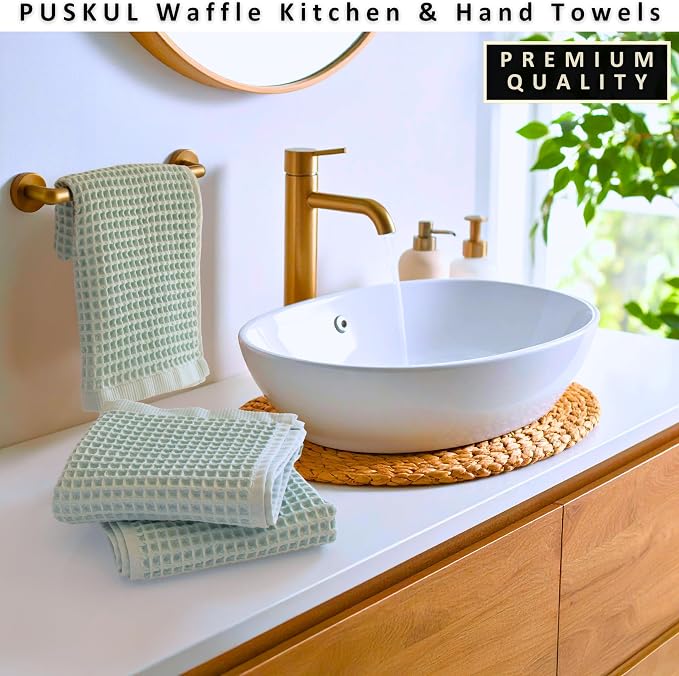 PÜSKÜL Natural 100% Turkish Cotton Waffle Kitchen Towels Set of 3 | Oeko-Tex, Premium Waffle Hand Towels for Bathroom | Soft Absorbent Quick-Dry Lint-Free Dish Towel Large 32x16 inch (3, Ice Green)
