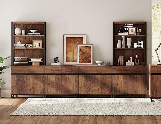WAMPAT 3 Tier Bookshelf with Storage Cabinets, 72" Tall Bookcase with Adjustable Shelf, Large Modern Display Book Case Shelf with Door, Library Wood Bookshelves for Home Office, Living Room, Brown