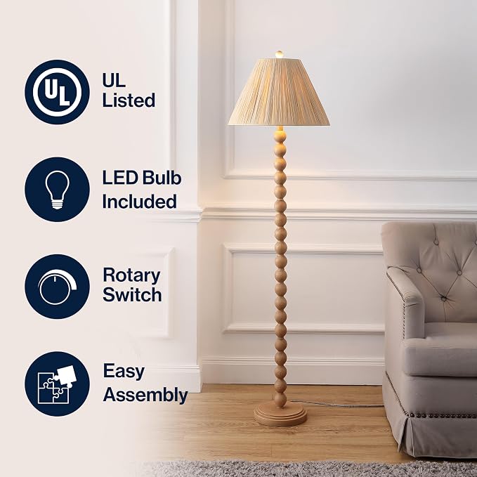 JONATHAN Y 61.5" Brown Wood Finish Bobbin LED Floor Lamp, Modern Rustic Spindle Standing Lamp with Light Brown Pleated Paper Shade, Farmhouse Decor, LED Bulb Included JYL5400A