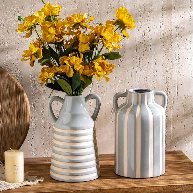 Ceramic Grey and White Checkered Stripes Vase with Handles, Hand-Painted Modern Minimalist Bohemian Floral Vases Home Decor, Cottage Core Decor, Flower Vase for Bouquet Mantle Kitchen Bookshelf 9.1 In