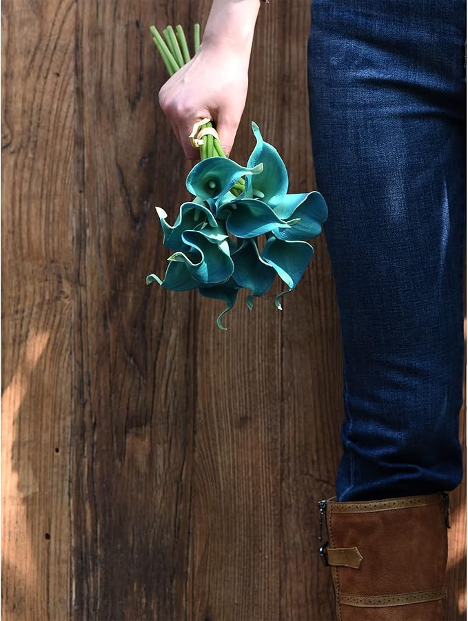 FiveSeasonStuff Real Touch Calla Lily Artificial Flowers Wedding Bridal Bouquet | Floral Arrangements | 15 Calla Lilies (Cerulean Blue)