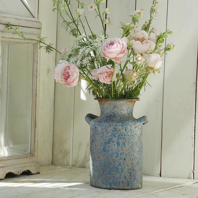 Rustic Vintage Metal Flower Vase for Decor Milk Jug Small Vases for Flowers Kitchen Decorations, Cylindrical,Perfect for Kitchen, Dining Room, Living Room,Housewarming Gift, Blue