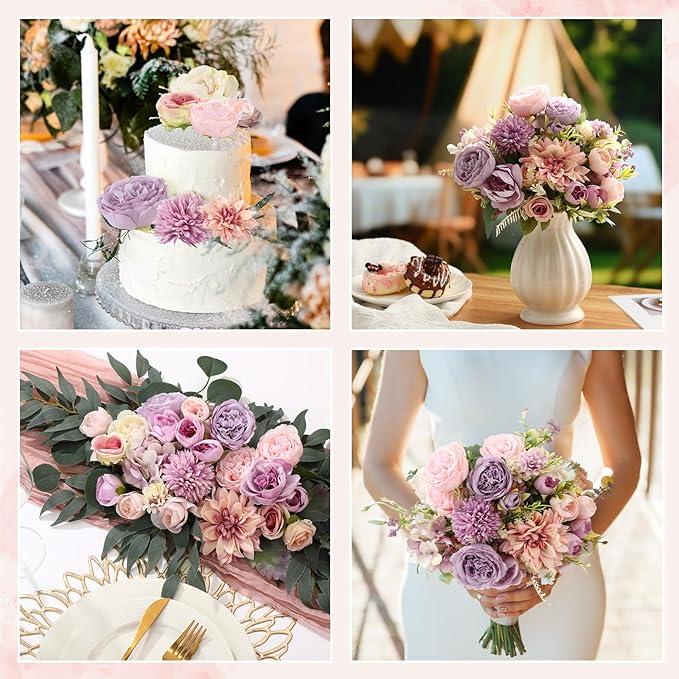 Zeyune 12 Bundles Artificial Peonies Flowers Artificial Silk Rose Faux Dahlia Fake Chamomile Hydrangea Bouquet Bulk for Vase Home Wedding Centerpiece Party Decoration(Lavender Blush,Misty Lavender)