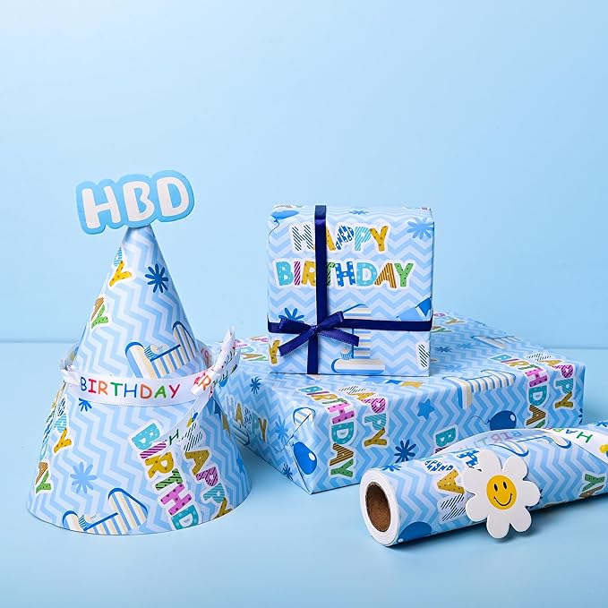 Altarho 1st Birthday Wrapping Paper Roll - Blue Happy Birthday with Balloon Gift Wrap Sheets for Kids Boys Baby Shower Party Decoration Celebration Total 28.5sq.ft