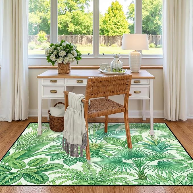 Tropical Leaves Area Rug 6'x9' Green Botanical Palm Fern Leaf Rug Non Slip Washable Indoor Floor Mat for Bedroom Living Room Nursery Kitchen Playroom Home Decor