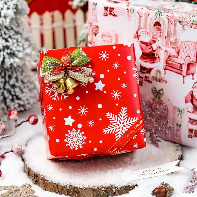 MAYPLUSS Christmas Wrapping Paper Rolls - 17" X 120" Per Roll - Classic Vintage Funky Red Santa Claus, Snowflakes, and Plaid Pattern Christmas Gift Wrap Present Paper for Holiday, Festive Celebrations