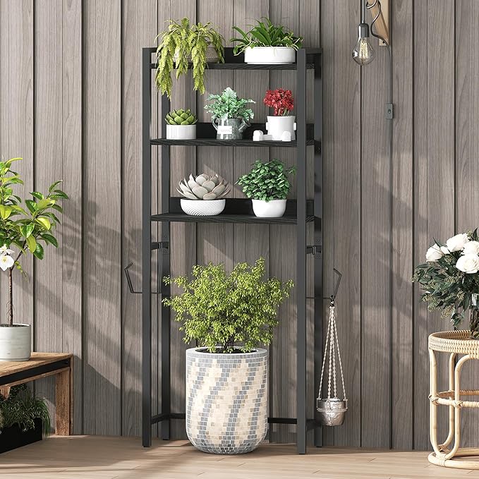 MAHANCRIS Over The Toilet Storage Rack, 3 Tier Bathroom Organizer Over Toilet, Freestanding Space Saver Toilet Stand with 2 Hooks, Bathroom Storage Shelf, Easy to Assemble, Black TSBK6001