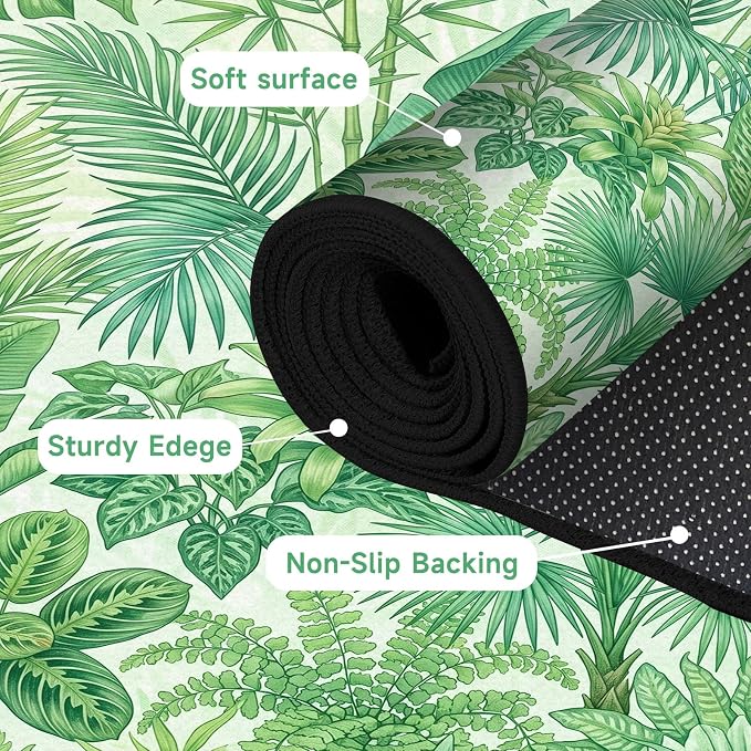 Tropical Leaves Area Rug 6'x9' Green Botanical Palm Fern Leaf Rug Non Slip Washable Indoor Floor Mat for Bedroom Living Room Nursery Kitchen Playroom Home Decor