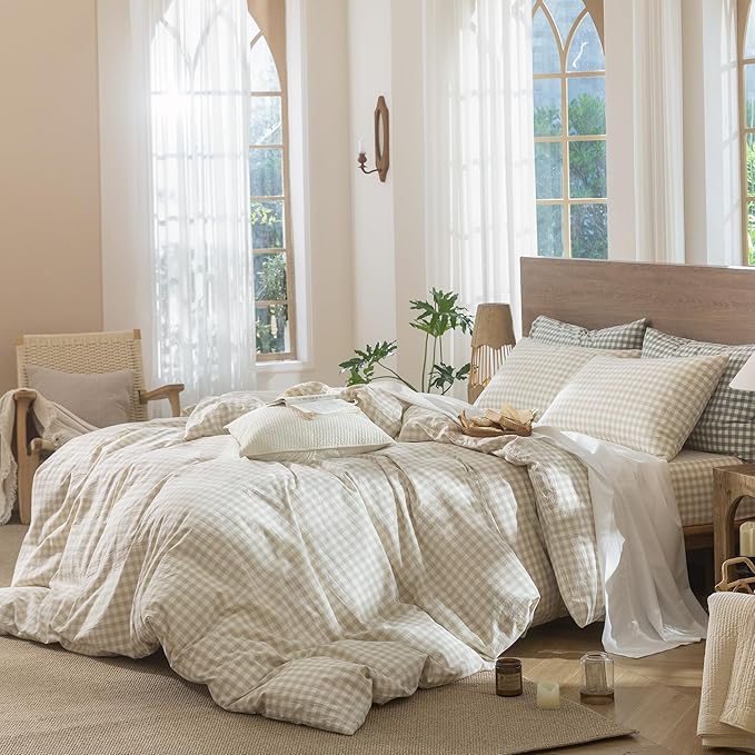 MooMee Gingham Duvet Cover Set 100% Washed Cotton Linen Like Textured Breathable Durable Soft Comfy Modern Checkered Design (Almond Milk Grey Gingham, Cal King 104"x98")