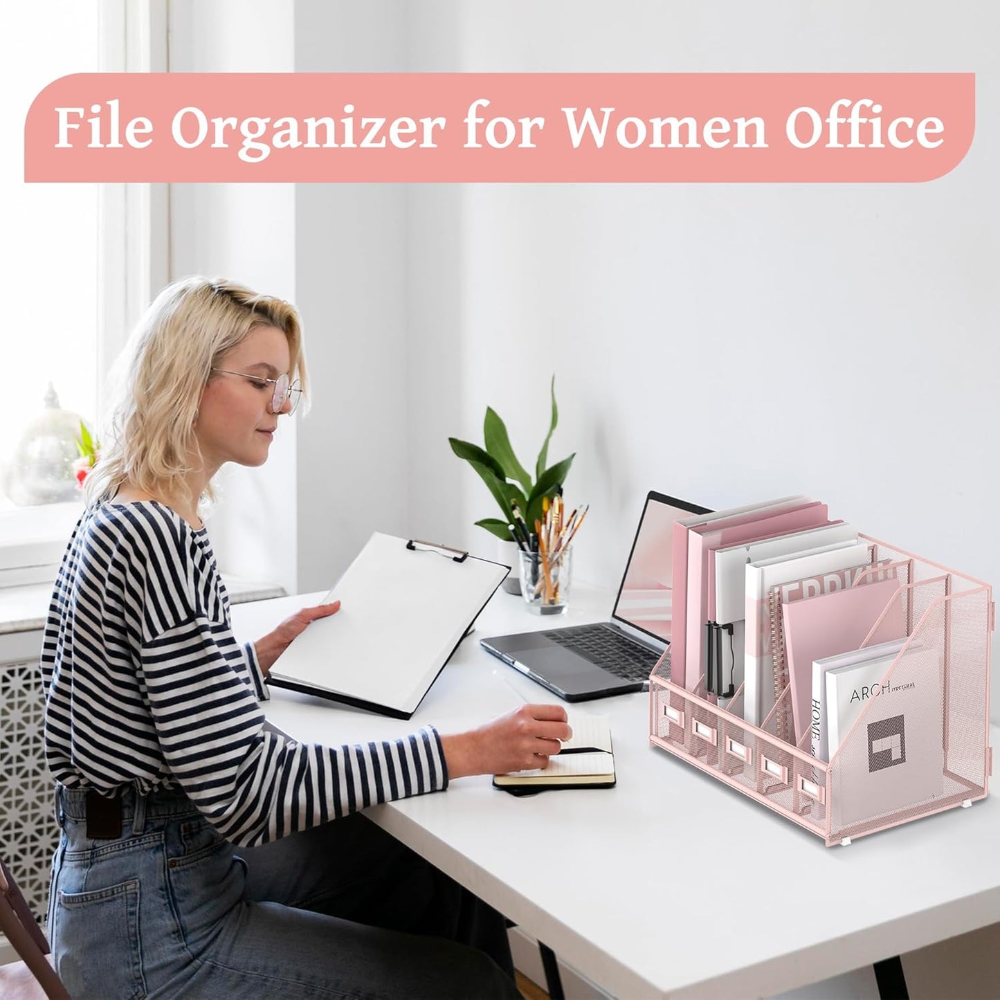 SUPEASY Desk Organizer - Metal Magazine File Holder with 5 Vertical Compartments | Pink for Office & Home