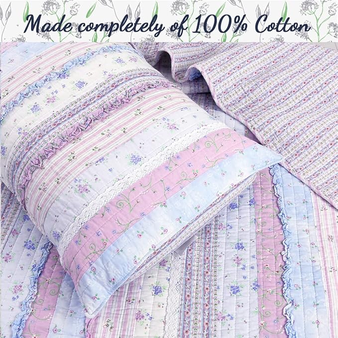 Cozy Line Home Fashions Shabby Chic Romantic Lace Purple Blue Floral Cotton Bedding Quilt Set, Reversible Coverlet, Bedspread (Lavender, King-4 Piece: 1 Quilt+2 King Shams+1 Decor Pillow)