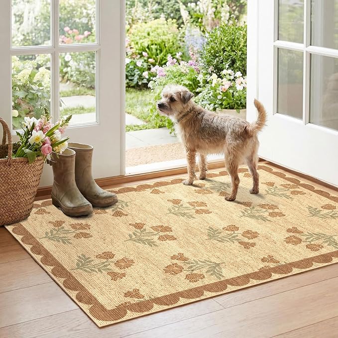 Floral Outdoor Rug - 28" x 43" Front Door Mat Indoor Outside Entrance Non-Slip Washable Outdoor Mat Jute-Look Tan Scalloped Rug for Entryway Kitchen Mudroom Layered Doormat for Front Porch