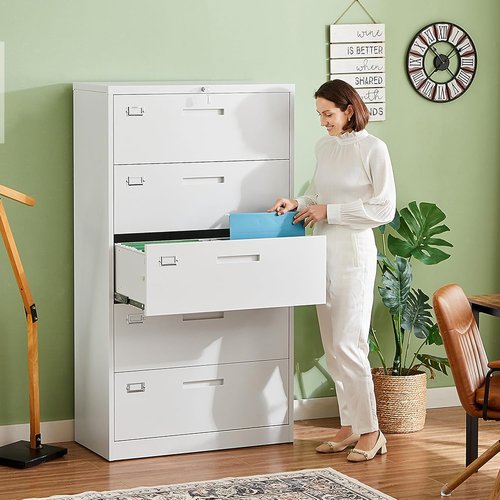 Letaya Lateral 5 Drawer File Cabinet - Secure Metal Filing Storage for Home Office | White Finish